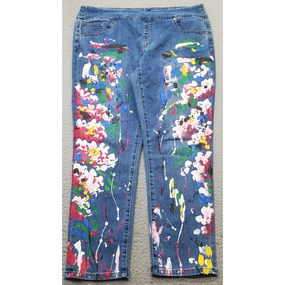 Joseph Ribkoff Straight Jeans Womens 16 Blue Abstract Splatter Paint Rare EUC
